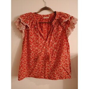 Ulla Johnson Peasant Top Floral Red Size 6 Flutter Embroidered Sleeve Tassel Tie